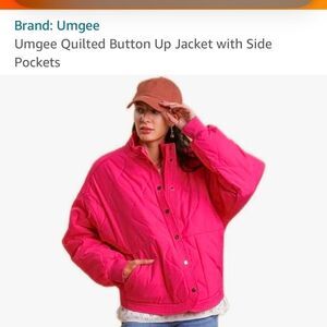Umgee hot pink quilted puffer coat. Boxy, oversized fit.